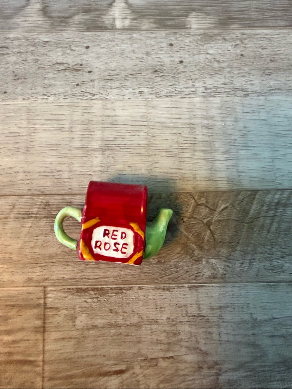 Red Rose Ceramic Teapot Accent with Green Handle and Spout